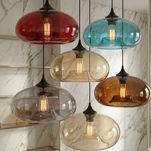 Lámpara colgante de cristal tintado, lámpara de techo ovalada de estilo moderno de mediados de siglo