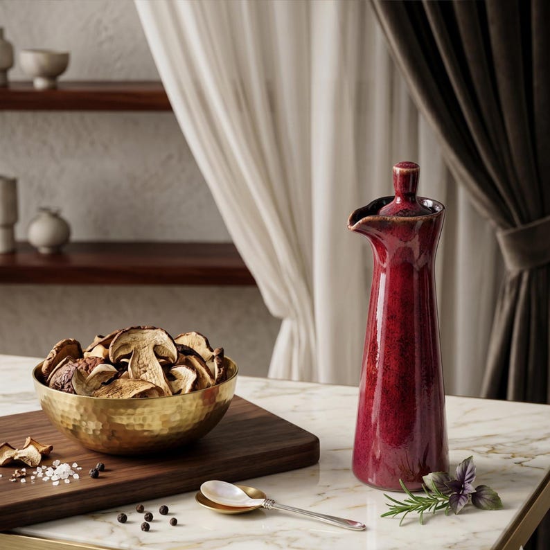 A red ceramic oil bottle stands on a marble surface next to a golden bowl filled with dried mushrooms, a silver spoon, and fresh basil leaves.