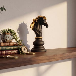 May include: A black and gold chess knight statue with a detailed mane, set on a round base. The statue is displayed on a wooden shelf alongside books, a succulent plant in a ceramic pot, and a vintage compass.