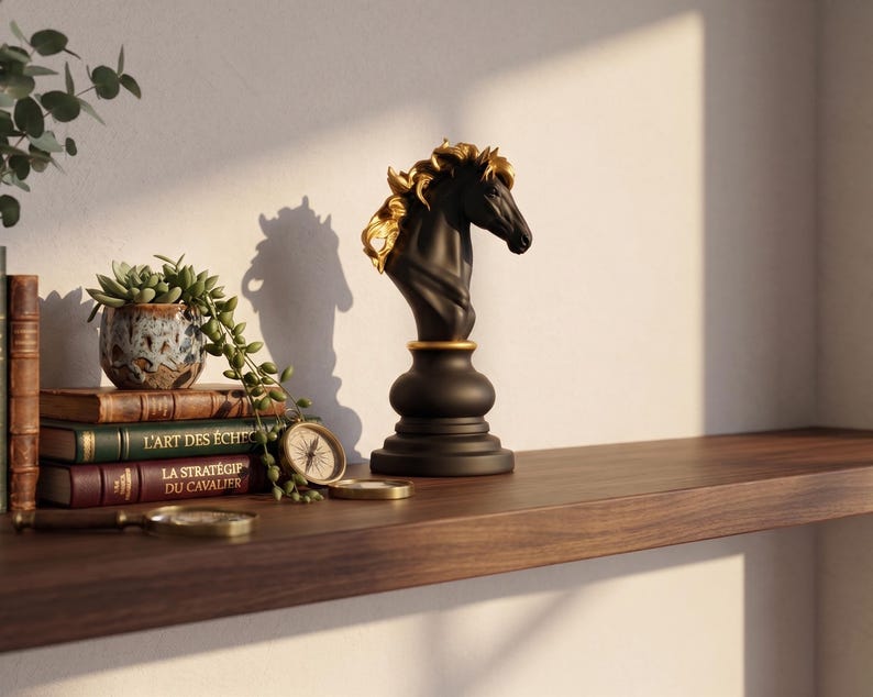 May include: A black and gold chess knight statue with a detailed mane, set on a round base. The statue is displayed on a wooden shelf alongside books, a succulent plant in a ceramic pot, and a vintage compass.