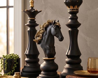 Resin Chess Pieces, Modern Game Ornament with Gold Accents, Eco-Friendly Decor