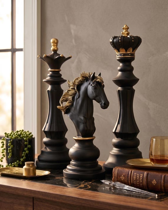 Resin Chess Pieces, Modern Game Ornament with Gold Accents, Eco-Friendly Decor