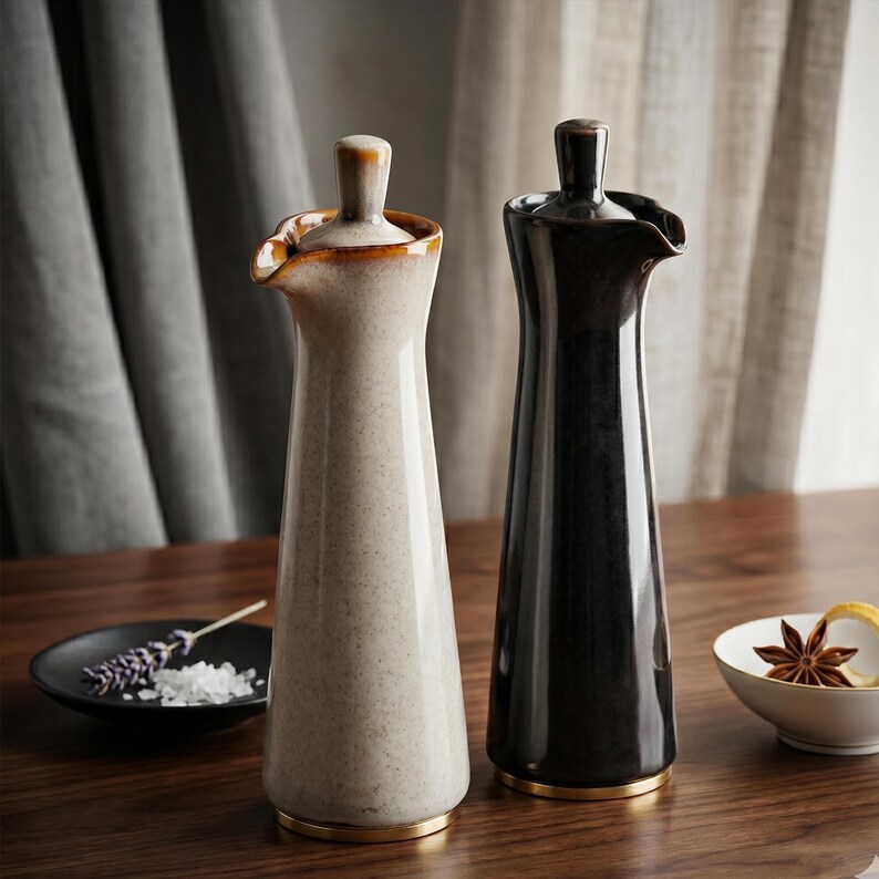 Two tall ceramic oil bottles, one speckled beige and one dark brown, stand on a wooden surface with a small dish of salt and lavender.