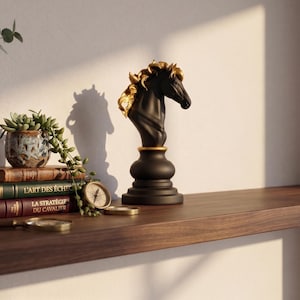 A black chess knight figurine with a gold mane and bridle is on a wooden shelf next to a succulent plant, books, and a compass.