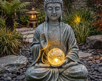 Estatua de Buda meditando con luz solar – Arte para jardín zen, escultura espiritual, decoración para el hogar en resina