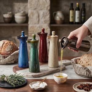 A hand pours oil from a brown ceramic bottle into a small white bowl, surrounded by four other ceramic bottles in blue, green, red, and beige, with bread and herbs on a marble board.