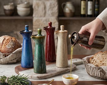Japanese Ceramic Olive Oil Bottle, Drip-Free Pouring with Rustic Charm