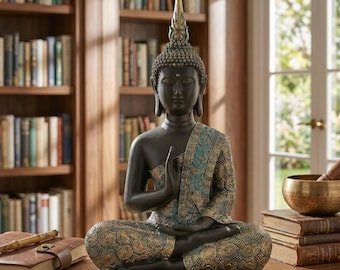 Statua di Buddha in meditazione, spiritualità thailandese – Scultura in resina nera con veste decorata, decorazione zen