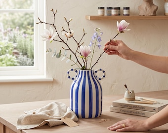 Striped Ceramic Vase, flower centerpiece, Modern Home Decor, Plant Pot with Double Handle