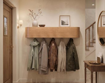 Modern Wooden Wall Coat Rack, Floating Entryway Shelf, Minimalist Mudroom Organizer, Scandinavian Hallway Storage