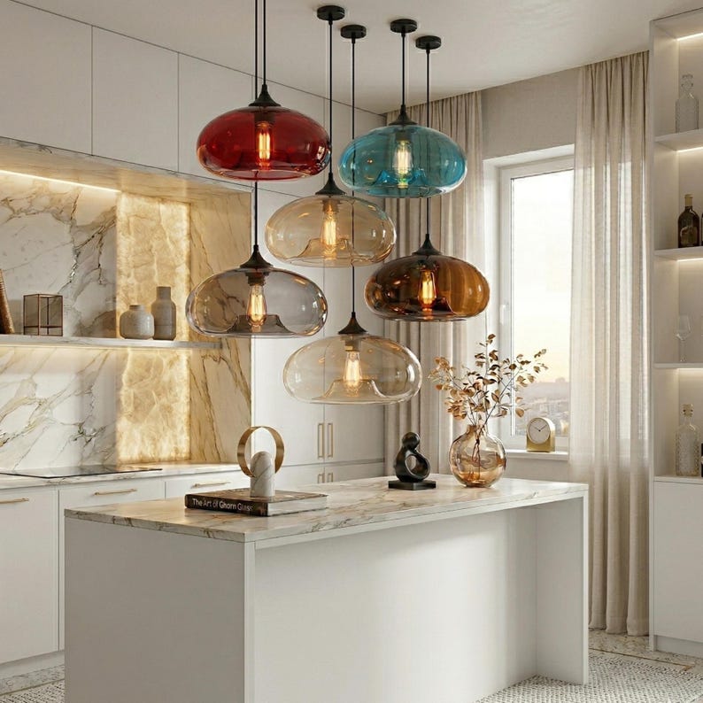 Op de afbeelding: Een moderne keuken met zes hanglampen met glazen kappen in rood, blauw, amber en helder. De lampen hangen boven een wit aanrecht eiland, waardoor een stijlvolle en goed verlichte ruimte ontstaat.