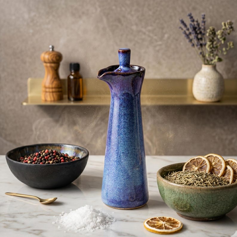 May include: A blue ceramic oil cruet with a spout, alongside bowls of peppercorns, herbs, and salt. A wooden pepper grinder and small bottles are on a shelf in the background. Dried lemon slices add a decorative touch.