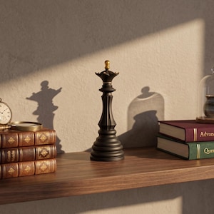 May include: A black chess queen with a gold crown sits on a wooden shelf. Beside it are stacked books, a pocket watch, and a small glass cloche with a decorative vase. The shelf is against a neutral-toned wall.