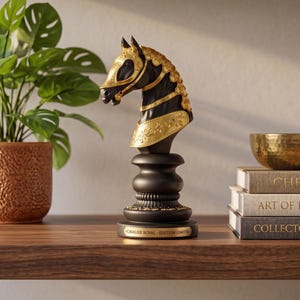 May include: A black and gold chess knight statue with intricate detailing. The knight's head is adorned with gold accents, and the base features the text "CHEVALIER ROYAL - EDITION LIMITEE". The statue is displayed on a wooden shelf with a potted plant and books.