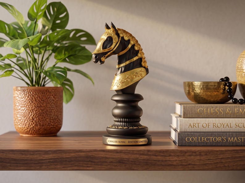 May include: A black and gold chess knight statue with intricate detailing. The knight's head is adorned with gold accents, and the base features the text "CHEVALIER ROYAL - EDITION LIMITEE". The statue is displayed on a wooden shelf with a potted plant and books.