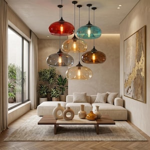 Tinted Glass Pendant Light, Mid Century Modern Oval Globe Hanging Lamp