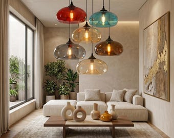 Tinted Glass Pendant Light, Mid Century Modern Oval Globe Hanging Lamp
