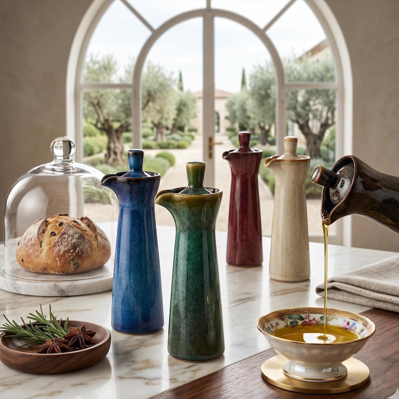 Five ceramic oil bottles in blue, green, red, beige, and brown are arranged on a marble surface, with a hand pouring oil from the brown bottle into a small bowl, against a window overlooking a garden.