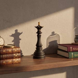 A black chess queen figurine with a gold crown is on a wooden shelf next to books, a magnifying glass, and a small cloche.