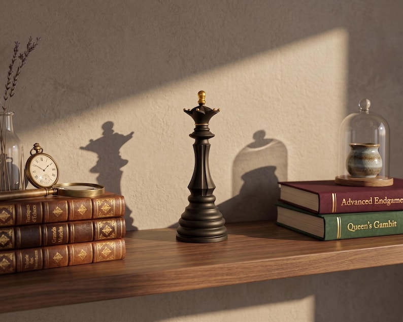 A black chess queen figurine with a gold crown is on a wooden shelf next to books, a magnifying glass, and a small cloche.