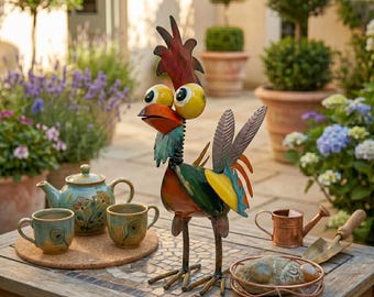 Colorful Metal Chicken Statue for Garden, Patio Decor, Funny Rooster Yard Art, Bird Sculpture