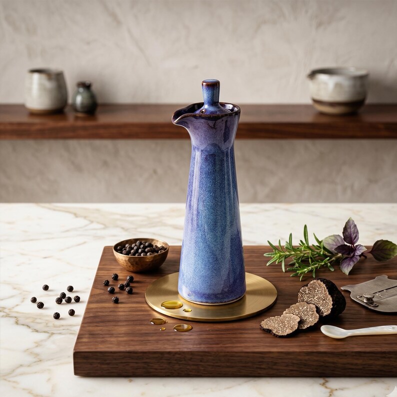 A blue ceramic oil bottle stands on a round gold tray on a wooden board, with black peppercorns, basil, and sliced truffles.