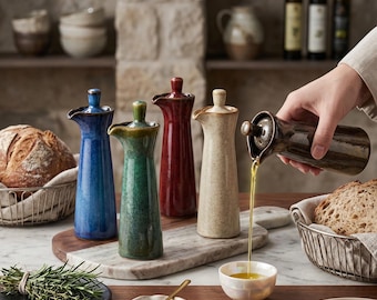 Japanese Ceramic Oil Bottle, Rustic Glazed Dispenser, Olive Vinegar Pourer