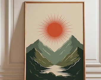 Japandi Mountain Landscape Canvas Print, Boho Red Sun Wall Art (Unframed)