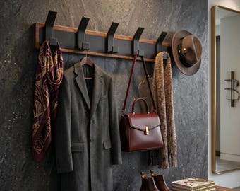 Wall Coat Rack with Black Metal Hooks, Modern Entryway Organizer in Solid Wood