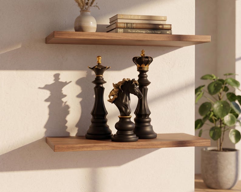 May include: Two wooden shelves display decorative items. The lower shelf holds three black chess pieces with gold accents. The upper shelf features a vase with dried flowers and a stack of books. The shelves are mounted on a white wall.