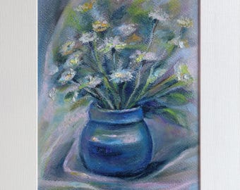 Poetry in Bloom – Original Oil Pastel Painting, Blue Floral Artwork, Impressionist Flower Art, One of a Kind Wall Decor