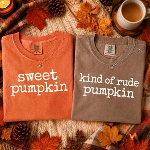 Peut inclure: Deux t-shirts à manches courtes et col rond. Le t-shirt de gauche est orange avec le texte blanc sweet pumpkin. Le t-shirt de droite est marron avec le texte blanc kind of rude pumpkin. Les deux portent une étiquette Comfort Colors.