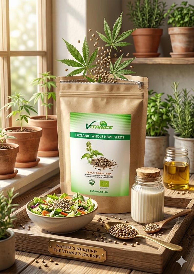 Puede incluir: Una bolsa de papel marr&oacute;n de "VITANICS ORGANIC WHOLE HEMP SEEDS" con una etiqueta verde, junto a un cuenco de ensalada, un tarro de aceite y un tarro de leche de c&aacute;&ntilde;amo. Hojas y semillas de c&aacute;&ntilde;amo est&aacute;n esparcidas alrededor de la bolsa. El texto "NATURE'S NURTURE: THE VITANICS JOURNEY" est&aacute; en una peque&ntilde;a placa.