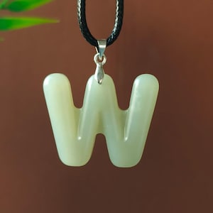 Nephrite Jade W Initial Charm with Cotton Tassel, Letter Pendant Bag Keychain Monogram Gift