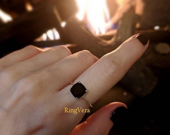 Black Onyx Cushion Cut Engagement Ring, Sterling Silver Hidden Halo Wedding Ring