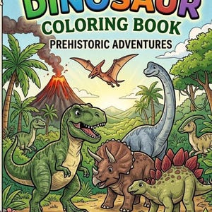 May include: A dinosaur coloring book with the title "DINOSAUR COLORING BOOK PREHISTORIC ADVENTURES". The cover features various dinosaurs, including a T-Rex, Triceratops, and Stegosaurus, in a colorful prehistoric landscape with a volcano and pterodactyls.