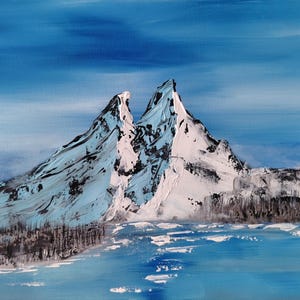 May include: An original oil painting depicting a snow-covered mountain range under a blue sky. The artwork features textured brushstrokes, creating a sense of depth and realism. The mountains are white and black, with a blue lake in the foreground.