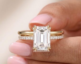 3 CT Emerald Cut Moissanite Engagement Ring Set Bridal Wedding Ring Set with Matching Band Promise Anniversary Ring Set 925 Silver Ring Set