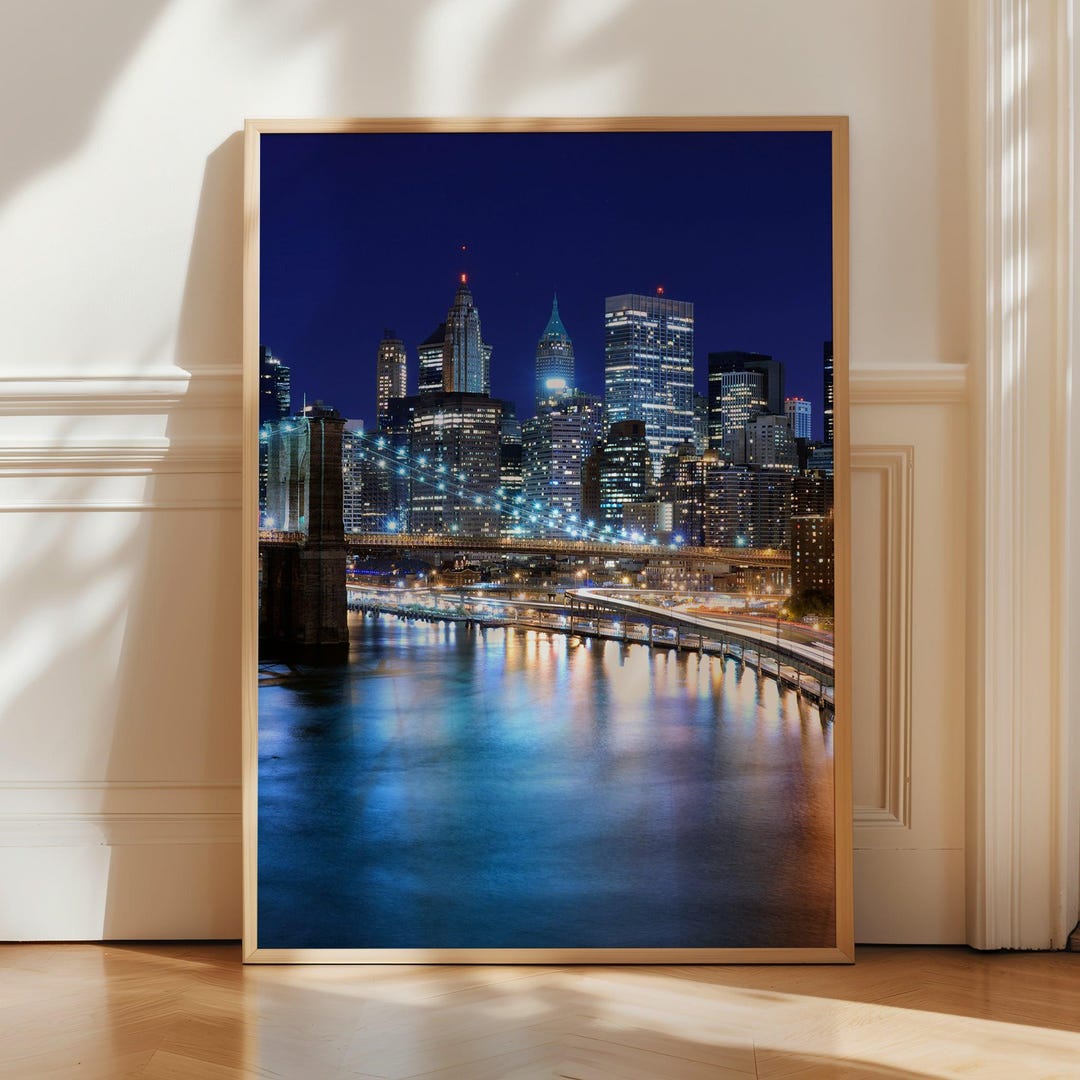 New York City Skyline Poster Print - Brooklyn Bridge Night Wall Art ...