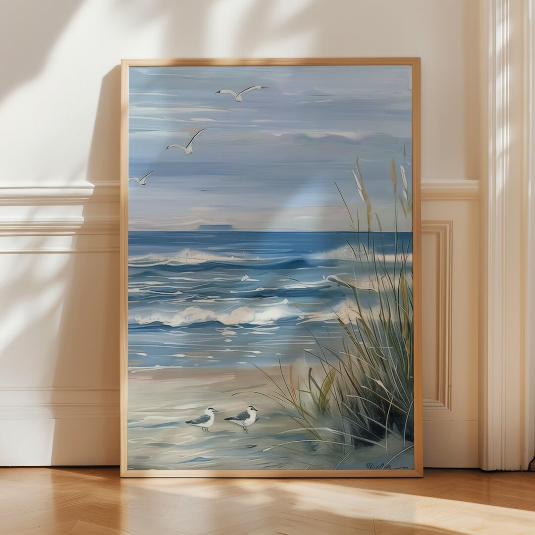 Seagulls Coastal Beach Waves Poster Print - Ocean Shore Grass Wall Art ...