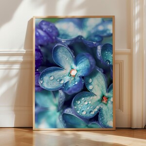 Peut inclure: Photographie encadrée en gros plan de fleurs bleues et violettes avec des gouttelettes d'eau. Les fleurs ont une structure de pétales délicate et superposée et un petit centre orange. Le cadre est de couleur marron clair.