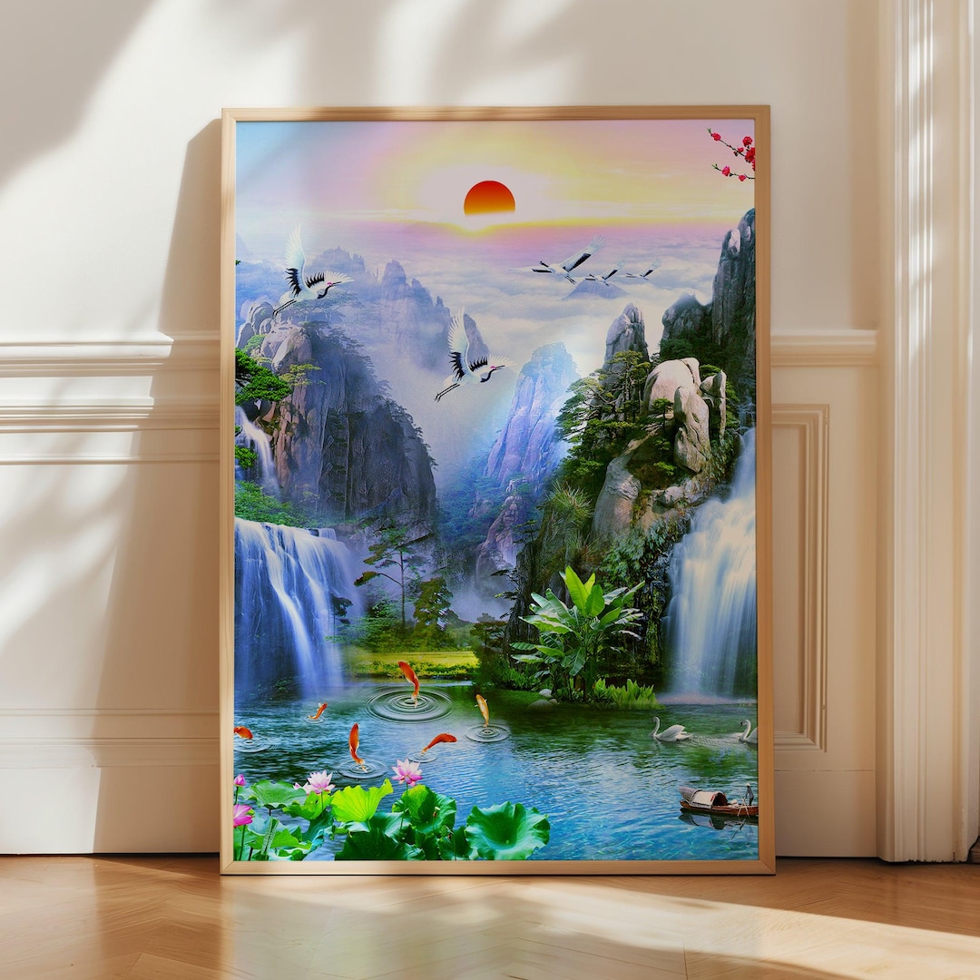Asian Landscape Waterfall Poster Print - Lotus Crane Sunset Wall Art ...