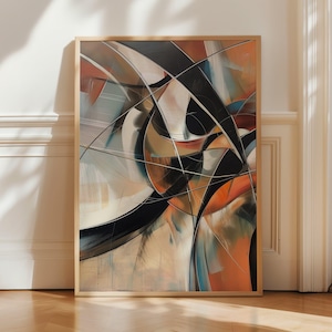 Op de afbeelding: Abstracte kunstprint in een houten lijst. Het kunstwerk toont een dynamische compositie van elkaar kruisende lijnen en vormen in zwart, oranje, beige en wit. Het schilderij heeft een moderne esthetiek, geschikt voor thuis of op kantoor.