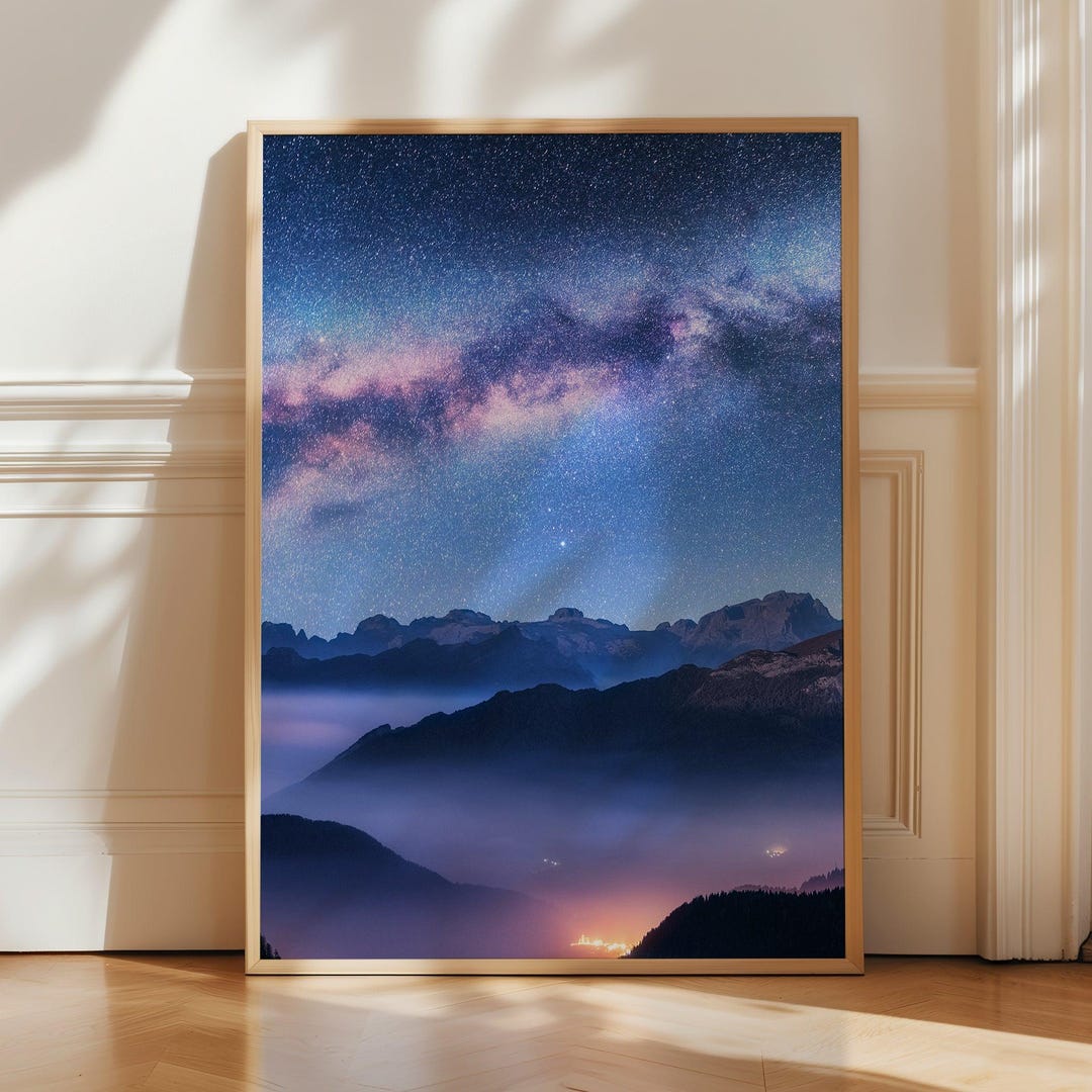 Surreal Mountain Landscape Poster Print - Cosmic Night Sky Wall Art ...