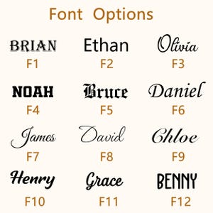 Pode incluir: Um gr&aacute;fico bege com o texto "Font Options" em castanho no topo. Abaixo est&atilde;o exemplos de diferentes fontes, cada uma exibindo um nome como "Brian" ou "Olivia" e um c&oacute;digo correspondente como "F1" ou "F3".