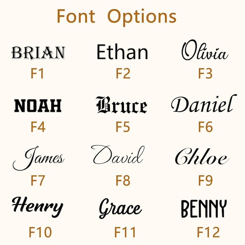 Pode incluir: Um gr&aacute;fico bege com o texto "Font Options" em castanho no topo. Abaixo est&atilde;o exemplos de diferentes fontes, cada uma exibindo um nome como "Brian" ou "Olivia" e um c&oacute;digo correspondente como "F1" ou "F3".