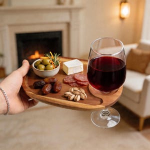 May include: A wooden serving tray with a wine glass holder, holding a glass of red wine. The tray contains olives, cheese, salami, dates, and pistachios. The tray is being held by a person.