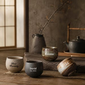 May include: Four ceramic cups with varied textures and finishes. One light beige cup reads Slow Morning, a dark gray cup reads David Est. 2026, a mottled brown cup reads Emma, and a brown and white striped cup reads Blake in white script.
