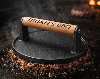 Prensa de hierro fundido personalizada, prensa para hamburguesas de alta resistencia, prensa para tocino, prensa para parrilla con mango de madera, regalo para barbacoa, accesorios para parrilla
