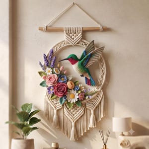 Crochet Hummingbird Macrame Hoop Pattern, Crochet Flower Wall Hanging Pattern PDF, Floral Mandala Boho Decor,Macrame Hoop, DIY Download
